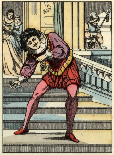 Der Prinz hebt den Glasschuh von Aschenputtel auf. Illustration aus Charles Perraults Märchen „Aschenputtel oder Der kleine Glasschuh“ von Unknown artist