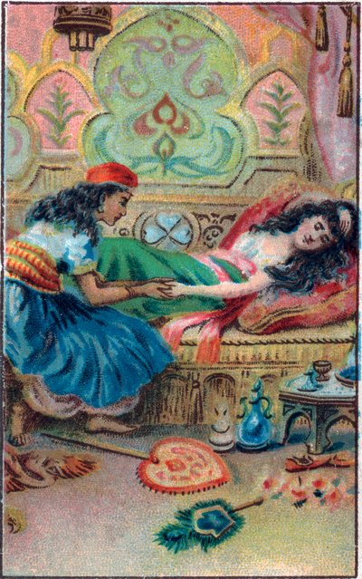 Die Prinzessin fällt in Ohnmacht. Märchen „Geschichte des verzauberten Pferdes“ in „Tausendundeine Nacht“. Chromolithographie aus dem späten 19. Jahrhundert. von Unknown artist