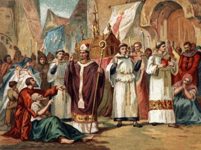 Die Reliquien der Sainte Genevieve (422-502), Schutzpatronin von Paris, werden durch die Straßen von Paris transportiert. Chromolithographie um 1890 von Unknown artist