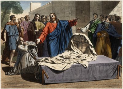 Die Auferstehung des Sohnes der Witwe von Naim: Jesus Christus erweckt den einzigen Sohn der Witwe. Gravur aus der Mitte des 19. Jahrhunderts. von Unknown artist