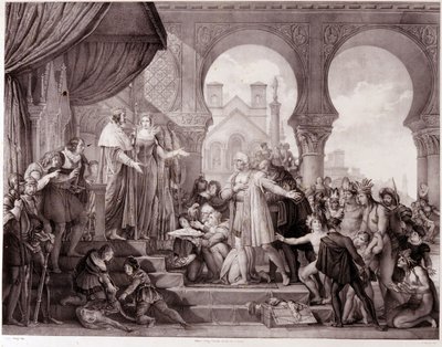 Die Rückkehr von Christoph Kolumbus nach Spanien vor König Ferdinand II. von Aragon und Isabella I. von Kastilien (genannt die Katholische) nach der Entdeckung Amerikas. Gravur des 19. Jahrhunderts. von Unknown artist