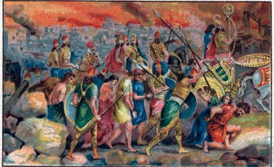 Die Belagerung der Stadt Jerusalem durch den babylonischen König Nebukadnezar II. im Jahr 586 v. Chr. und die Zerstörung der Stadt und des Tempels von Jerusalem. Chromolithographie aus dem späten 19. Jahrhundert. von Unknown artist