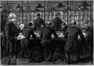 Das Sortieren der Korrespondenz in einem Büro des Hôtel des Postes in der Rue du Louvre in Paris. Gravur im Journal „La jeunesse“ von Unknown artist