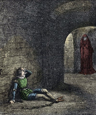Das Gespenst des Turms. Der Gefangene in einem Verlies sieht einen Geist vor sich. Illustration für „The Tower of London“ von William Harrison Ainsworth von Unknown artist
