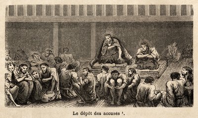 Die Stufen der Gerechtigkeit: das Depot der Anklagen, die sich alle in derselben Zelle versammeln, oft für lange Zeit, Angeklagte können mehr Komfort erhalten, zum Beispiel haben zwei Gefangene Matten erhalten, die es ihnen ermöglichen, sich über den Boden von Unknown artist