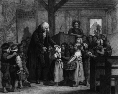 Die Schüler einer Klasse versammeln sich, um ihrem Lehrer an seinem Geburtstag Blumen zu überreichen. Gravur des 19. Jahrhunderts von Unknown artist