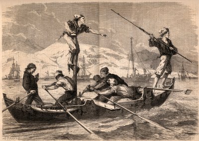 Die Schwertfisch-Harpunenfischerei (pesce spada, Schwertfisch) an der Küste Siziliens in Italien im Jahr 1862. Gravur in „Le Monde illustre“ von 1862. Private Sammlung von Unknown artist