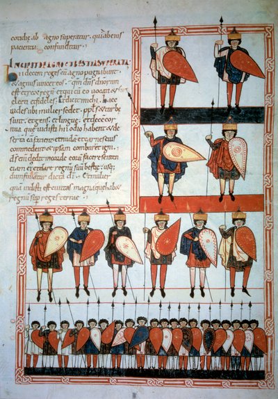 Die zehn Könige der Apokalypse mit Speeren und Schilden und ihren Truppen (Miniatur in 