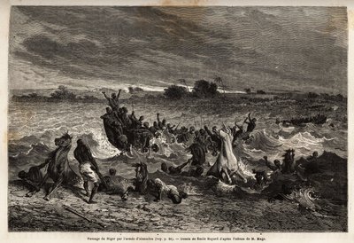 Der Transport der Armee von König Ahmadou auf dem Niger während der Regenzeit verursachte zahlreiche Schiffbrüche und viele Verluste an Pferden. Illustration der Reise in den westlichen Sudan von Leutnant (Marine) M. Mage, 1863-1866, veröffentlicht in "Le von Unknown artist