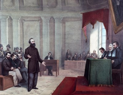 Der Prozess von Felice Orsini (1819 - 1858), der am 14. Januar 1858 das Attentat auf Napoleon III. verübte. Lithographie aus dem späten 19. Jahrhundert von Unknown artist