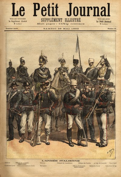 Die Uniformen der italienischen Armee, ein Pferd von links nach rechts: die Artillerie, der Kavallerieoffizier, der General, der Oberst der Carabinieri, der Offizier der Führer, das 10. Regiment der Lanzen, das Hundertste. Stehend von links nach rechts: de von Unknown artist