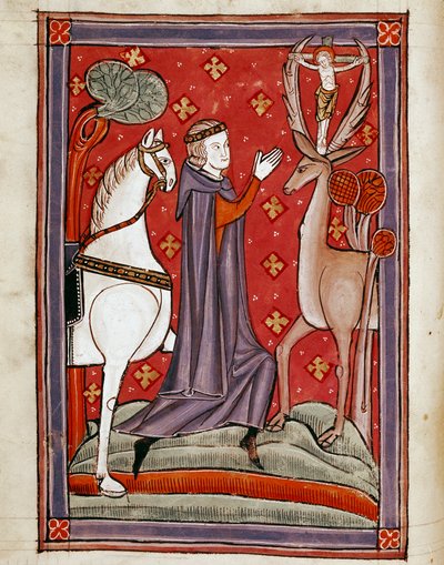 Die Vision des heiligen Eustachius. Heiliger Eustachius vor einem Hirsch mit einem Bild des gekreuzigten Christus zwischen seinen Geweihen. Miniatur aus einem Manuskript des 13. Jahrhunderts von Unknown artist