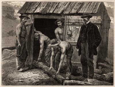 Die Holzarbeiter der Montchanin-Mine, werfen sie in den geneigten Schacht; im Kostüm, der Chefingenieur der Mine überwacht die Manöver. Gravur zur Illustration einer Reise nach Creusot und den Minen von Saône und Loire, 1865, von L. Simonin, in „Le tour du von Unknown artist