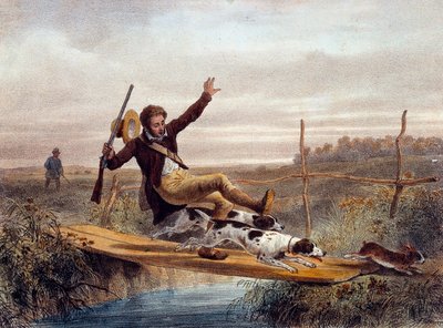 Der Fehltritt. Ein Jäger fällt von einer kleinen Brücke, gestoßen von Hunden, die einen Hasen jagen. Gravur des 19. Jahrhunderts. Gien, Jagdmuseum von Unknown artist