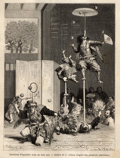 Theater Saltimbanques: Jongleure, Equilibristen und Akrobaten, die typischen der Edo-Region (Tokio), erkennbar an ihren Balanceakten mit falscher Nase aus Mist, dem Hauptattribut der Gottheit Tengu, Schutzpatron dieser Saltimbanques. Illustration der Reis von Unknown artist