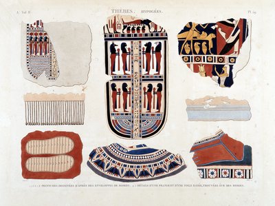 Theben, Hypogäen: 1.2.3.6.7.8. Malereien von Mumienhüllen 4.5. Details einer Fransen und einer gestreiften Leinwand, gefunden auf Mumien - in „Beschreibung von Ägypten“ 1809, Antiquitäten Bd. 2 Pl. 112 von Unknown artist