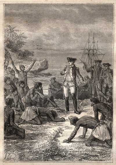 Dritte Reise (1776-1779) von Kapitän James Cook (1728-1779): Cook wird von den Eingeborenen (Hawaii) begrüßt - Illustration aus „Die großen Seefahrer des 18. Jahrhunderts“ von Unknown artist