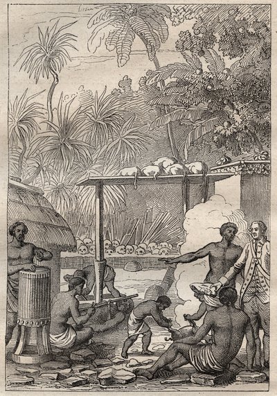 Dritte Reise (1776-1779) von Kapitän James Cook (1728-1779): Menschenopfer in Tahiti - Illustration aus „Die großen Seefahrer des 18. Jahrhunderts“ von Unknown artist