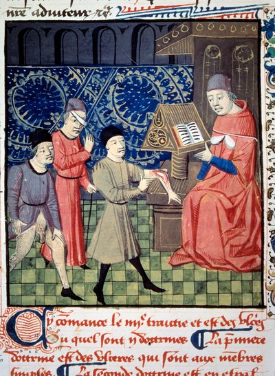 Drei Patienten mit Geschwüren am Arm, Auge und Geschlecht vor dem Arzt. Miniatur aus „Chirurgie“ (Folio 66) geschrieben von Guy de Chauliac (1290? 1368). Manuskript aus dem 15. Jahrhundert. BN, Paris von Unknown artist