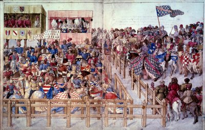 Turnier: Die wirbelnden Ritter schwören im Wettbewerb vor den Tribünen der Herren. Miniatur in „Traite des tournaments“ von Unknown artist