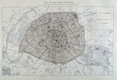 Transformationen von Paris unter dem Zweiten Kaiserreich, Haussmann Paris. Plan von Paris seit der Annexion mit seiner Einteilung in 20 Arrondissements, gemäß dem Gesetz vom 16. Juni 1859 - in „Atlas administratifs des arrondissements de la Ville de Paris“ von Unknown artist