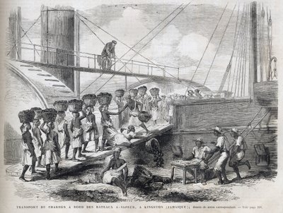 Kohletransport an Bord von Dampfschiffen in Kingston (Jamaika) - Kohlebeladung in Kingston - Jamaika - 1866 Gravur aus „Das illustrierte Universum“ 1866 von Unknown artist