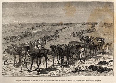 Transport von Eisenschiffteilen durch Kamele in der Wüste von Nubien (Sudan), Gravur zur Illustration einer bewaffneten Expedition in Zentralafrika zur Unterdrückung des Schwarzhandels von Unknown artist