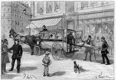 Transport einer verletzten Person in einem Wagen der Pariser Ambulanz. Gravur in „La Nature. Revue der Wissenschaften und ihrer Anwendungen auf die Künste und die Industrie“ von Unknown artist