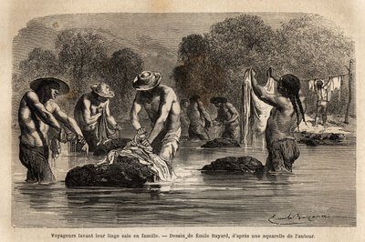 Reisende waschen ihre schmutzige Wäsche im Fluss, zusammen mit bolivianischen Peons, in der Nähe von Maniri (Unteres Peru). Gravur zur Illustration der Reise in die Täler von Quinquinas, von Paul Marcoy, 1849-1861, veröffentlicht in „Le tour du monde“ 1862 von Unknown artist