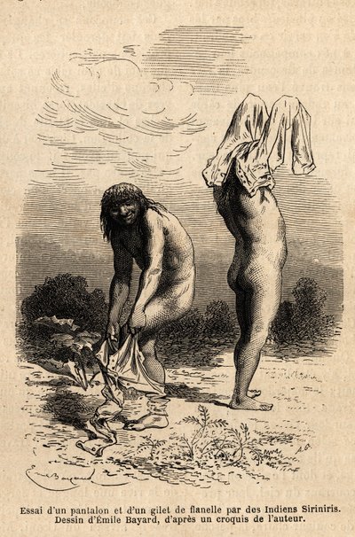 Zwei Siriniris-Indianer versuchen, Hosen und Westen anzuziehen, die ein Mitglied der Expedition am Ufer der Seen am Fuße des Mount Basiri (Peru) zum Trocknen aufgehängt hatte. Gravur zur Illustration der Reise in die Täler von Quinquinas (Peru), von Paul M von Unknown artist