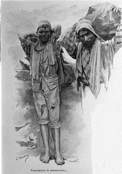 Zwei „carusi“, minderjährige Lehrlinge. Sizilien. Gravur des 19. Jahrhunderts von Unknown artist