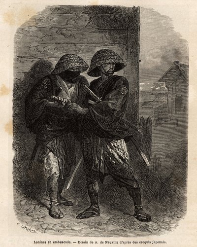 Zwei Ronins (Samurai, die ihren Meister verloren haben) stehen im Hinterhalt. Gravur zur Illustration der Reise nach Japan in den Jahren 1863-1864 von Aime Humbert, Minister der Schweizerischen Eidgenossenschaft, in „Le tour du monde, nouveau journal des v von Unknown artist