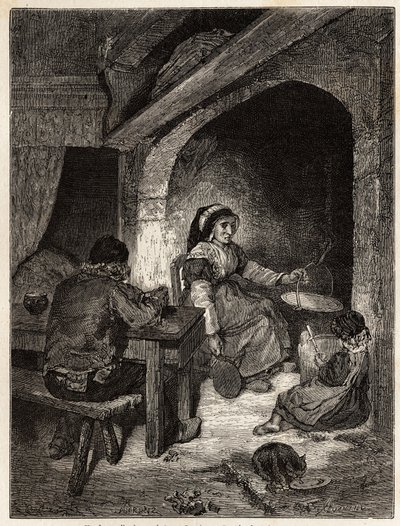Ein Gasthausherd in Saint Cernin, Gravur zur Illustration einer Reise zu den Vulkanen Zentralfrankreichs im Jahr 1864, in 
