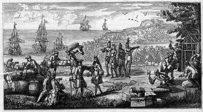 Entladung von Vorräten in den französischen Kolonien Amerikas. Federzeichnung platziert einen Kopf eines Memoire von Vauban über „Die Kolonien“ im Manuskript seiner „Oisivetes“ im Depot des Fortifications. Gravur in „La Nature: revue des sciences et d von Unknown artist