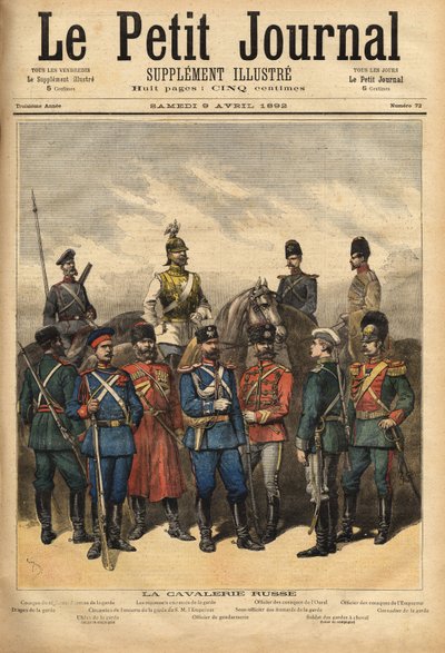 Uniformen der russischen Kavallerie, Verbündete Frankreichs, zu Pferd von links nach rechts: Kosake des Garderegiments, das Schlachtschiffregiment der Garde, Offizier der Ural-Kosaken und Offizier der Kaiser-Kosaken. Im Vordergrund stehend, von von Unknown artist