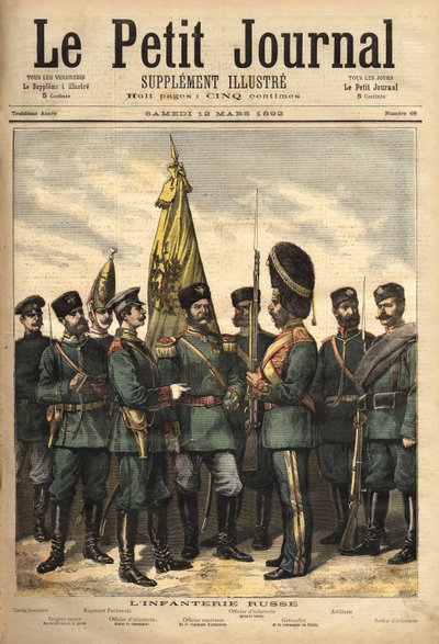 Uniformen der russischen Infanterie, verbündet mit Frankreich, von links nach rechts: der Grenzschutz, der Oberfeldwebel der Wachen, das Pavlowski-Regiment, der Offizier, der Oberoffizier, der Palastgrenadier, die Artillerieuniform und der Soldat. Gravur i von Unknown artist
