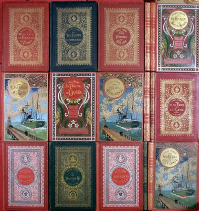 Verschiedene Einbände von Jules Vernes Büchern, veröffentlicht in Hetzel-Ausgaben. Jules Verne Bibliothekssammlung. Paris von Unknown artist