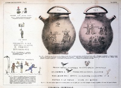 Verschiedene Illustrationen und Inschriften, die von Kriminellen auf Keramikvasen hinterlassen wurden: Studie von Cesare Lombroso (1835-1909), italienischer Kriminologe in „Der kriminelle Mensch“ (L