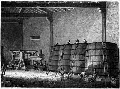 Fässer und Presse in den Weinkellern von Burgund Clos Vougeot. Gravur aus dem 19. Jahrhundert von Unknown artist