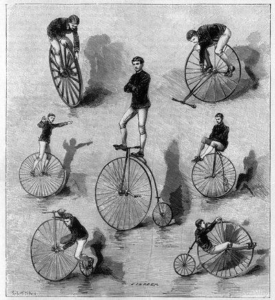 Velocipedische Übungen von Amerikaner Dan Canary. Gravur in „La Nature: revue des sciences et de leurs Anwendungen in den Künsten und der Industrie“ vom 21. Juli 1888. von Unknown artist