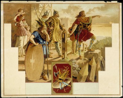 Vercingetorix, umgeben von Galliern, Kriegern, Frauen und Kindern (Chromolithografie) von Unknown artist