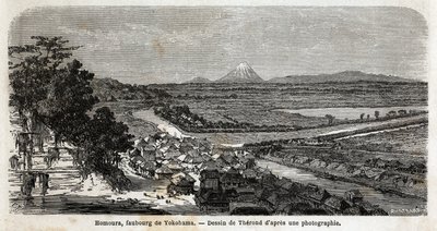 Ansicht von Homoura, Vorort von Yokohama, mit dem Fuji im Hintergrund. Gravur zur Illustration der Reise nach Japan in den Jahren 1863-1864 von Aime Humbert, Minister der Schweizerischen Eidgenossenschaft, in „Le tour du monde, nouveau journal des voyages“ von Unknown artist