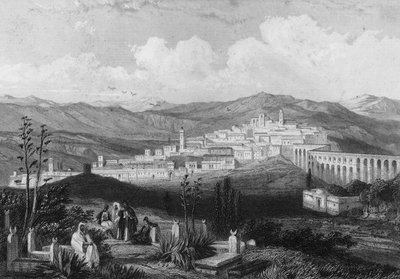 Ansicht von Medeah, antike römische Festung, in Algerien im 19. Jahrhundert. In „L