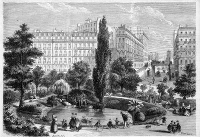 Ansicht des Square Montholon und der Brücke der Rue Bellefond in Paris im 9. Arrondissement. Gravur in „Das illustre Universum“ von Unknown artist