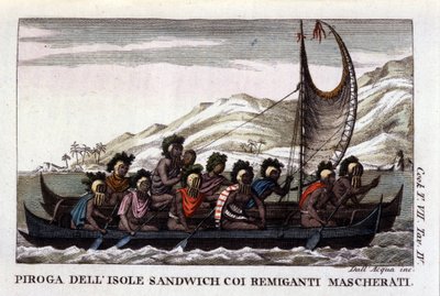 Ansicht eines Kanus mit Segeln von den Hawaii-Inseln in Polynesien, die Besatzung trägt typische Masken. Lithografie aus dem frühen 19. Jahrhundert von Unknown artist