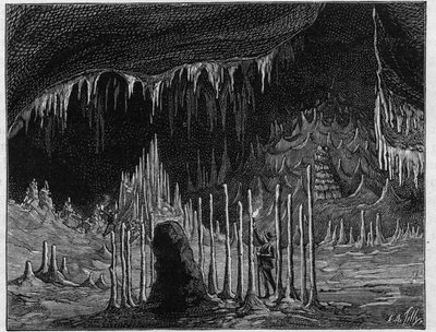 Ansicht der „Halle der Kirche“ in der Höhle von Dargilan (Lozère). Gravur in „La Nature. Revue des sciences et de ses applications aux arts et à l