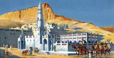Ansicht der Horeda-Moschee, Hadramaout-Wüste, Jemen (Horeda-Moschee Hadramaut Jemen) 1930er Chromolithographie Private Sammlung von Unknown Artist