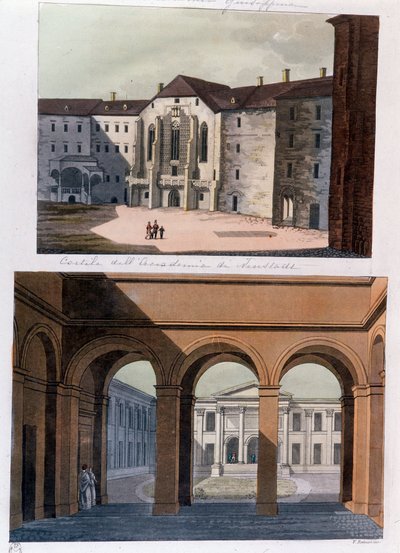Ansicht des Hofes der Akademie von Neustadt und der öffentlichen Bäder in Wien. Österreich, Gravur von 1826, Privatsammlung von Unknown artist