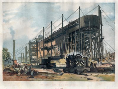 Ansicht des Hecks des transatlantischen Liners „Great Eastern“ (Leviathan) im Bau auf der Werft an der Themse in London. Gravur in „The Illustrated London News“ vom 7. November 1857. von Unknown artist