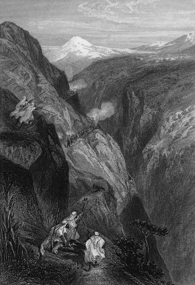 Ansicht der Teniah von Mouzaïa, dem Pass des Atlasgebirges, den die französische Armee 1830 überquerte, in Algerien im 19. Jahrhundert, in „L